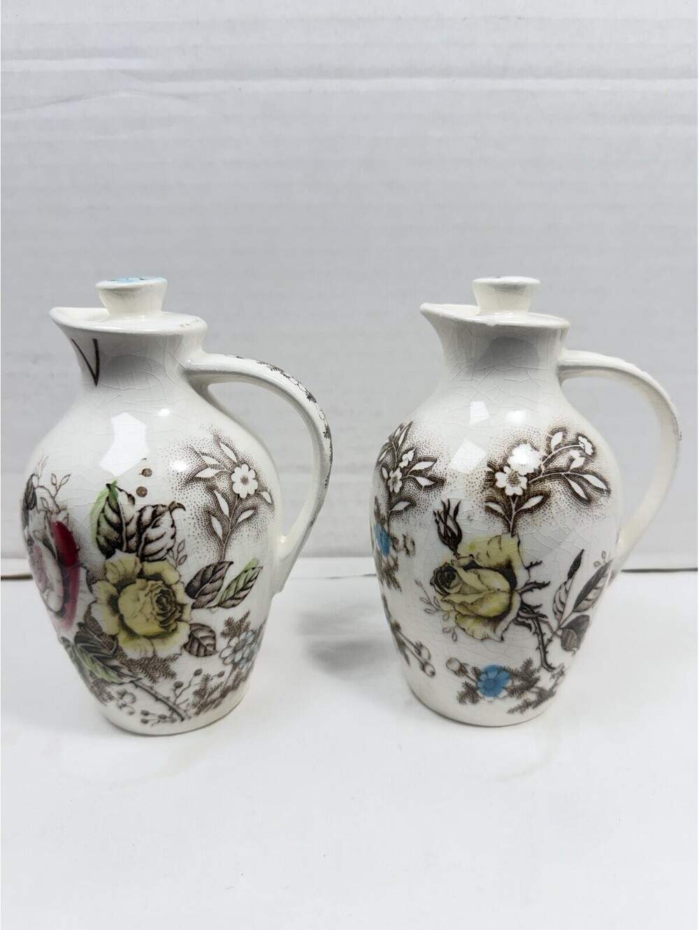 Vintage Nasco Japan Rosevine Ceramic Oil Vinegar Cruet Set Floral Pottery